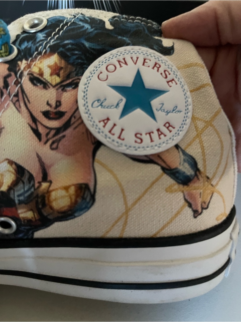 Converse Wonder Woman High Top Sneakers — White with Blue & Gold Accents 8 - Picture 12 of 12